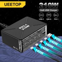 Ueetop 210W GaN Caricatore USB Tipo C Caricatore 140W PD 3.1 Carica rapida 4.0 3.0 Ricarica rapida per laptop MacBook iPhone 15 14 13 12