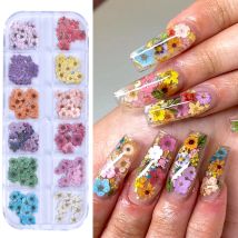 12 Gitter 3D Bunte Blume Ultradünne Harzfüllung Holzzellstoffscheibe Kleine Gänseblümchen Nagelaufkleber DIY Maniküre Dekoration Zubehör