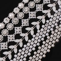 1 Roll ABS Flatback Pearl With Clear Rhinestone Chain Bridal Beaded Appliques Trim Garment Pearl Chain For Wedding Dress Crafts