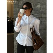 Clacive Mode Schlanke Weiße Baumwolle frauen Bluse 2025, Figurbetontes Revers Langarm-shirt, Elegante Klassische Solide Top Weibliche Kleidung