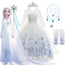 Disney Frozen Princess Elsa con abito a mantella per ragazza Abito bianco in pizzo a maniche lunghe Festa festiva Frozen Snow Queen Dress 1-12 anni