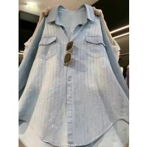 Luxus Stil Blingbling Pailletten Tasche Denim Strickjacke Tops Für frauen Übergroße Mode Frühling Denim Shirts Blusen