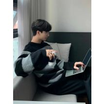 Korean Style Striped Men's Sweater round Neck Oversize Lazy Fashion Autumn Winter Knitted Shirt Loose Fit Casual Long Sleeve