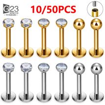 10Pc/50Pc G23 Ttianium Labret Ear Lip Stud Jewelry Square CZ Stone Cartilage Tragus Earring Tongue studs Threaded Body Jewelry