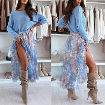 2025 sommer Elegante Frauen Chiffon Langen Rock Neue Sexy Y2K Chic Elastische Hohe Taille Druck Falten Rock Streetwear Tüll Rock