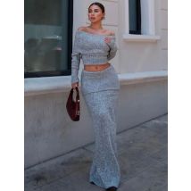 TARUXY Strickrock 2-teiliges Set Damen One-Shoulder Long Sleeves Pullover Pullover Elegant Slim Fit Langer Rock Anzug Herbst Neu