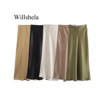 Willshela moda damska satynowa solidna plisowana spódnica midi Vintage średnio elastyczna talia kobiece eleganckie spódnice damskie