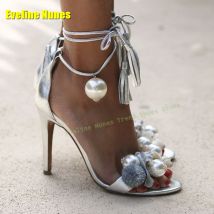 Silbrige Fransen-Perlen-Knöchelriemen-Sandalen, offene Zehen, Stiletto-Abdeckung, Absatz, seitliche Luft, luxuriöse Damen-Partykleid-Schuhe, 2025, Sommerdinner