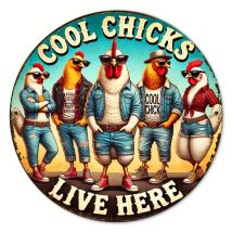 Vintage „Cool Chickens Live Here“ Metallschild – 1 Stück 2D flach rund 7,87" Chicken Coop Dekor, anthropomorphes Hühner