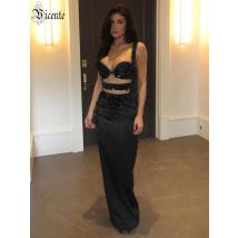 VC Evening Luxury Black Beaded Sequins Cutout Strappy Maxi Dress for Party Gala Gown