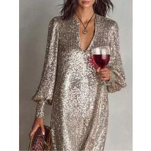 V-neck long sleeved sequined elegant party dress 2026 spring/summer Shiny Robe Dress new Loose simple style solid color dress