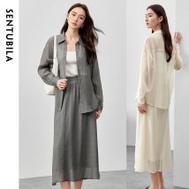 SENTUBILA Lyocell 2-teiliges Rock-Set für Damen, Outfit 2026, Frühling, Hemden mit Reverskragen, A-Linie, elastische Taille, elegante Röcke 151Z58654
