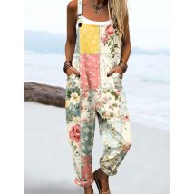 Damen-Overall mit Blumendruck und verstellbaren Trägern, Boho-Chic-Strampler, Vintage-Overall, ländliches Outfit, entspannte Passform