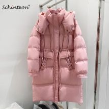 Schinteon Frauen weiße Ente Daunen lange Jacke Herbst Winter lässig über Größe Outwear Kordel zug mit Kapuze koreanischen Stil Mantel 2024