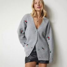 Women Sweaters Single Breasted Print V Neck Long Sleeve Cardigan Jumpers Knit Loose Casual Sweater Spliced Button Autumn