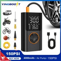 YINGBOOST Mini Bike Tire Pump 150 PSI Tire Inflator Air Compressor Cordless , Air Pump for Car with Pressure Gauge, LED Light