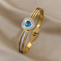 Greatera Edelstahl-Armbänder mit blauem Zirkonia, Herz-Armbänder für Damen, wasserdicht, vergoldet, Jahrestag, Schmuck, Geschenk