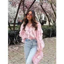 Chiffon-T-Shirt, T-Shirt, Rüschen, Blusas, lange Ärmel, schmal, einfarbig, einfacher Stil, All-Match, lässig, Vintage-Temperament, Pendeln