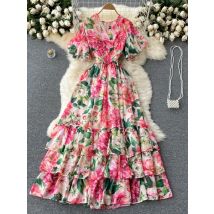 Sommer Mode Neue Elegante Temperament Kleid frauen V-ausschnitt Ausgestellte Ärmel Chiffon Druck Urlaub Langes Kleid GL316