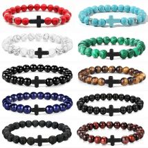 Mode Naturstein Perlen Armband Für Männer Frauen Kreuz Charme 8MM Perlen Kette Elastische Armreif Gebet Schmuck Zubehör