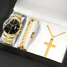 3 teile/satz Mode Männlichen Edelstahl Uhren Männer Business Quarzuhr Mann Casual Armbanduhr und Armband Halskette Set