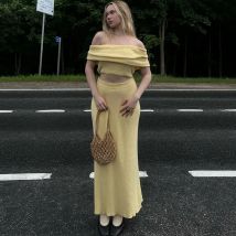 Tuularose Gestrickte Rock Zwei-stück Set frauen Sommer Eine Schulter Ärmelloses Top Hohe Taille Schlitz Rock Set Casual dame Rock Set