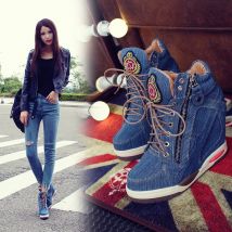 Big Size Women's Denim Wedges Sneakers Autumn Platform Casual Fashion Ladies Side Zipper Vulcanized Shoe Thick Bottom High Heel