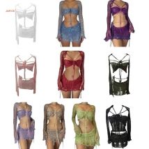 N1HE 3-teiliges Damen-Set mit Pailletten, Häkel-Coverup, Achselzucken und ausgehöhltem Strick-Badeanzug, Röhrenoberteil und