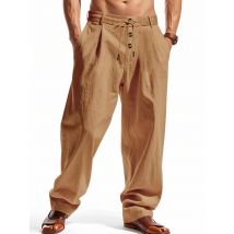 Autumn New Men's Linen Cotton Pants Solid Color Button Drawstring Design Casual Loose Fit Cozy Trousers Simple Style Long Pants