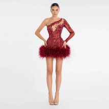 Luxury Burgundy Cocktail Dress For Women Mini Short Mermaid Cocktail Gown One Shoulder Sleeveless Party Gown With Feather