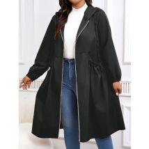 Plus Size Solid Drawstring Zip Up Hooded Coat, Casual Long Sleeve Pocket Outerwear for Fall & Winter, Women's Clothes for Daily