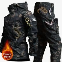 Winter Verdicken Männer Camo Anzug Wasserdichte Taktische Ausbildung Set Multi-tasche Mit Kapuze Jacke Fleece Hosen Outdoor Jagd 2-stück