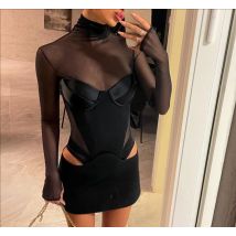 DSMTRC Woman Fashion High Neck Robe Mesh Long Sleeve Mini Dress Party Evening Club Outfits Sexy Cut Out Corset Bodycon Dresses