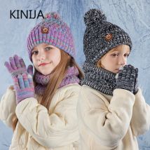 3Pcs Kinder Winter Beanie Hut Schal Handschuhe Set Kinder Plüsch Futter Warme Gestrickte Hut Nicht Slip Handschuhe Outdoor Hals winddicht