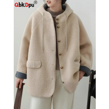 Frauen Kapuze lose Lamm wolle Jacken koreanische lässige einreihige dicke ungefütterte Mäntel Tops Winter warme Langarm Abrigos neu