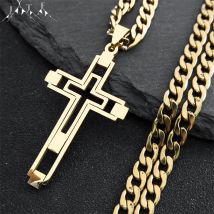 Hip Hop Cross Stainless Steel Chain Necklaces Gold Color Long Pendant Necklace for Women Men Christian Jewelry collier homme