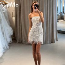 Ranmo 2025, luxuriöse neue Perlen, Perlen, Mini-Brautkleider, trägerlos, weiß, kurze Brautkleider, Reißverschluss, Abschlussball-Cocktailkleider, individuell gestaltet