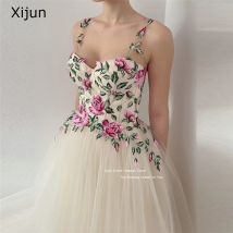 Xijun Tüll Brautkleid eine Linie Spaghetti träger Braut Kleider Abendkleid mit Stickerei Blume Boho Party kleid Ballkleid
