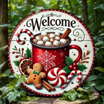 Aluminum foil carved Christmas welcome sign -8x8 inch round gingerbread and holiday wreath decorative plates for rooms, walls