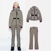 Winter Zwei Stück Skifahren Set Mit Kapuze Hohe Taille Gepolsterte Sport Parka Jacke Gürtel Weibliche Dicke Warme Taschen Winddicht Ski Hose