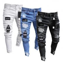 Jeans strappati skinny con ricamo bianco da uomo in cotone elastico con foro slim fit pantaloni in denim hip-hop jeans casual per uomo pantaloni da jogging