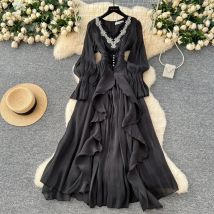 Elegante schicke Spitze essbarer Baum Pilz Strass V-Ausschnitt Kleid Party A-Linie hohe Taille Basic Herbst Vintage Abendkleid Kleidung