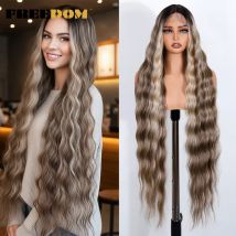 FREEDOM Synthetische Lace-Front-Perücken für schwarze Frauen, 91,4 cm lang, tiefer Körper, gewellte Spitzenperücke, Ombre, Braun, Blond, Weiß, Cosplay-Perücke