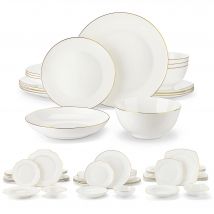 MALACASA 16/32-PCS Juego de vajilla de porcelana de hueso blanco con borde dorado europeo nórdico con tazón, cena, postre y plato de sopa para 4