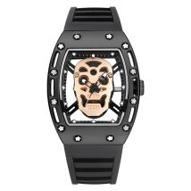 Skull Dial Mens Watches Fashion Tonneau Black Punk Style Quartz Wristawatch Sport Skeleton Male Cool Clock for Halloween Gift