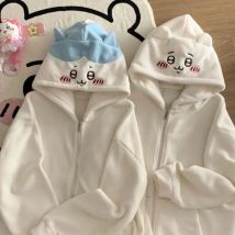 Anime Chiikawa hachiware Reißverschluss-Hoodie für Frauen, Kawaii bestickter Hoodie-Mantel, niedlicher, bestickter, lockerer Jackenmantel mit Cartoon-Motiv