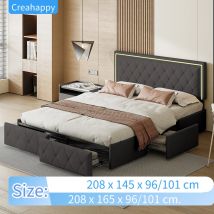 Creahappy - Letto imbottito - Struttura letto matrimoniale - Testiera esterna in tessuto UP - Letto contenitore con 4 cassetti e luci a LED