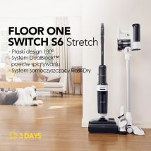 Tineco Floor ONE Switch S6 Stretch Odciskacz Płynów, 180° Płaskie Ułożenie, Anti-Tangle, Szybkie Suszenie 85℃, 40 min Odciskacz, 50 min Odkurzacz, 21kpa Podwójna Krawędź Czyszczenia Całego Domu & pod