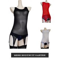 Sexy Women Mesh Garter Belt See Through Bodysuit with 6 Straps Suspender Belt for Stocking Vest Night Club Underwear