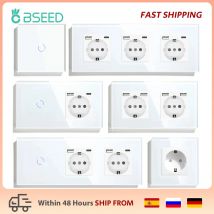 BSEED Standard UE USB Presa singola Interruttore tattile 1Gang 1Way Sensore di cristallo bianco Interruttore della luce da parete Alimentazione Doppia prese Prese